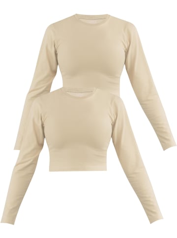 Janice 2 x Damen crop Langarmshirt hochgeschlossen Noia in Beige