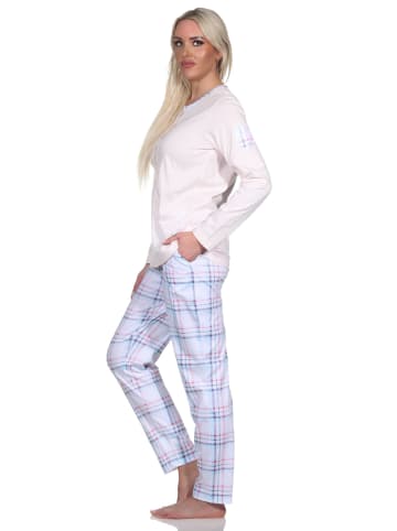 NORMANN Schlafanzug langarm Pyjama karierter Hose Jersey - 78573 in rosa