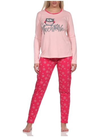NORMANN Lange Pyjama Schlafanzug Rundhals und Eulen - 80047 in rosa