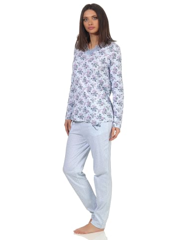 NORMANN Pyjama Schlafanzug langarm florales Muster in hellblau