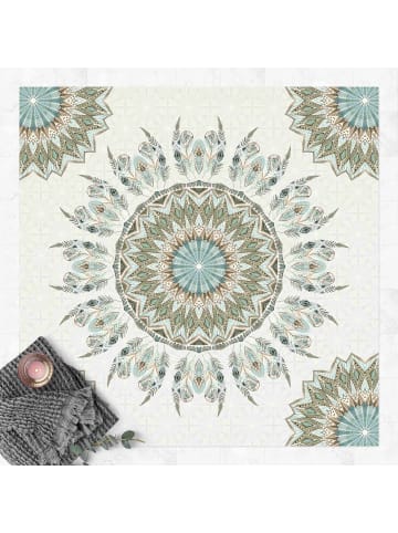 WALLART Vinyl-Teppich - Mandala Aquarell Federn Muster blau grün in Blau