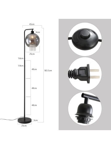 ZMH Stehlampe 1-flammige E27 in rauchgrau Glas Kristall H 163.5cm