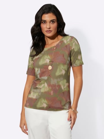 creation L Kurzarmshirt in khaki-lindgrün-bedruckt