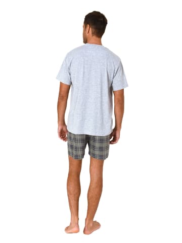 NORMANN Schlafanzug kurzarm Shorty mit karierter Jersey Hose - 86232 in grau