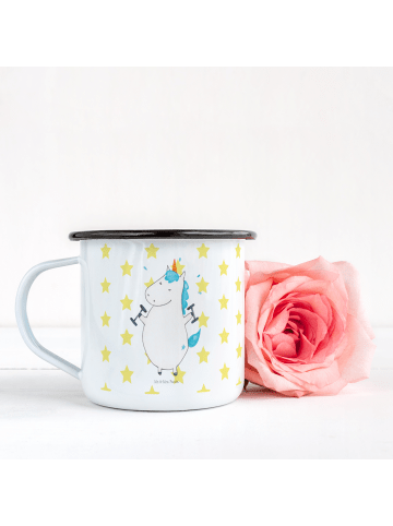 Mr. & Mrs. Panda XL Emaille Tasse Einhorn Fitness ohne Spruch in Weiß