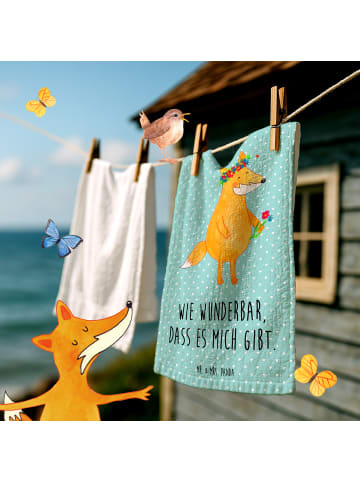 Mr. & Mrs. Panda Handtuch Fuchs Blumen mit Spruch in Türkis Pastell