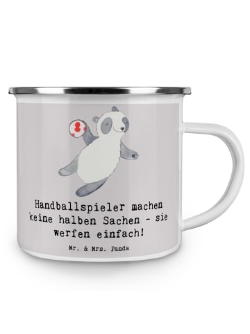 Mr. & Mrs. Panda Camping Emaille Tasse Handball Wurf mit Spruch in Grau Pastell