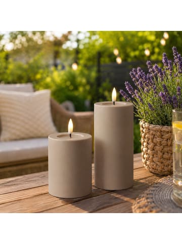 MARELIDA LED Kerze 7,5x12,5cm bis 1000h Outdoorkerze Timer sandfarben