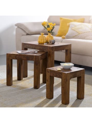 KADIMA DESIGN 3er Set Satztisch Massiv-Holz Wohnzimmer-Tisch Landhaus-Stil in Massivholz