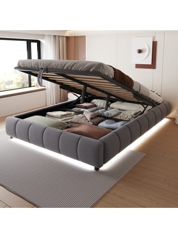 ABRIHOME Einzelbett 140 x 200 cm Schwebebettrahmen mit Stauraum und LED-Lichtleiste, Grau