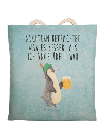 Mr. & Mrs. Panda Stofftasche Pinguin Bier mit Spruch in Eisblau