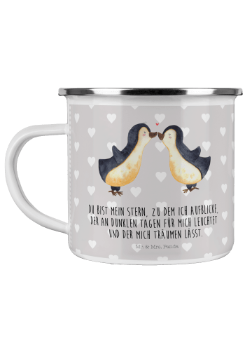 Mr. & Mrs. Panda Tasse Emaille Pinguin Liebe mit Spruch in Grau Pastell