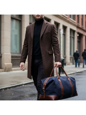 SID & VAIN Reisetasche Canvas & Leder echt Leder Weekender groß blau-braun DAVIS in blau