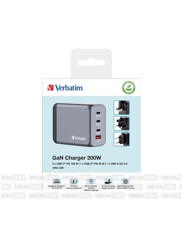 Verbatim Verbatim GNC-200 Ladeadapter 200W USB-C/USB-A Grau