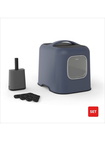 Rotho Katzenklo Bea mit Schwingtür – geräumig, geruchshemmend, nachhaltig in navy blue gedeckt