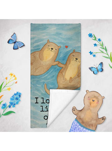 Mr. & Mrs. Panda Strandlaken Otter Hände halten Design mit Spruch in Grau Pastell