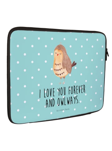 Mr. & Mrs. Panda Laptop Tasche Eule Zufrieden mit Spruch in Türkis Pastell