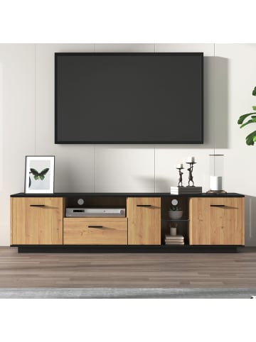 ABRIHOME TV-Schrank in Schwarz mit einer Schublade drei Türen und LED Beleuchtung