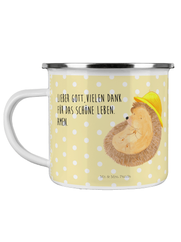 Mr. & Mrs. Panda Camping Emaille Tasse Igel Beten mit Spruch in Gelb Pastell