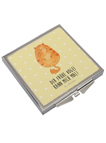 Mr. & Mrs. Panda Schminkspiegel Katze Frühaufsteher mit Spruch in Gelb Pastell