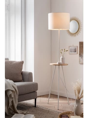 SalesFever Stehleuchte 152 cm mit Holztablett natur, Metallgestell und Stoffschirm in Weiß