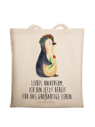 Mr. & Mrs. Panda Uni Tasche Pinguin Blumen mit Spruch in Creme