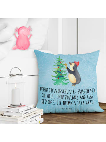 Mr. & Mrs. Panda Deko Kissen Pinguin Weihnachtsbaum mit Spruch in Eisblau