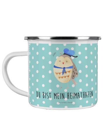 Mr. & Mrs. Panda Camping Emaille Tasse Eule Matrose mit Spruch in Türkis Pastell