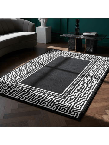 KADIMA DESIGN Teppich Kurzflor Waschbar Mäander DRAU Strapazierfähig OEKO-TEX in Schwarz