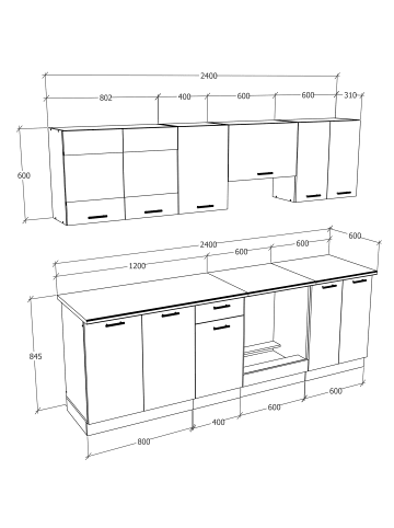 VCM  8-tlg Einbauküche Küchenzeile 240 cm Esilo in Weiß / Sonoma-Eiche