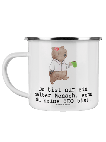 Mr. & Mrs. Panda Camping Emaille Tasse CEO Herz mit Spruch in Weiß