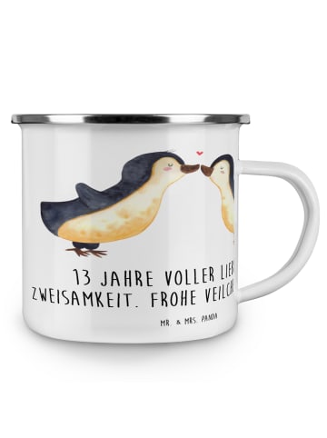 Mr. & Mrs. Panda Camping Emaille Tasse 13. Hochzeitstag Veilchen... in Weiß