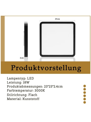 ZMH Deckenleuchte LED in schwarz Ø23CM Eckig 3000K warmweiß Flurlampe 18W