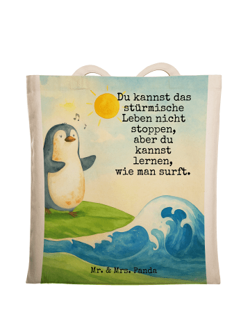 Mr. & Mrs. Panda Schultertasche Pinguin Surfer Design mit Spruch in Weiß