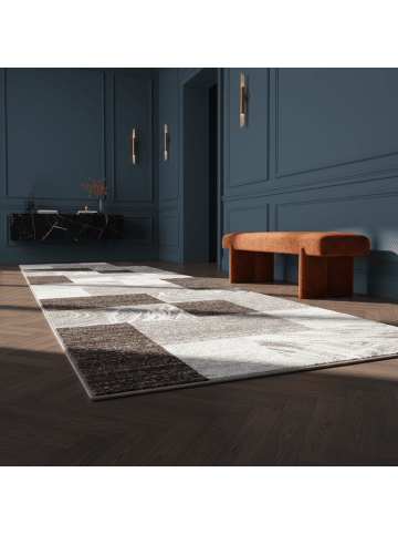 KADIMA DESIGN Teppich Kurzflor Waschbar Abstrakt-Karo DRAU Strapazierfähig in Braun