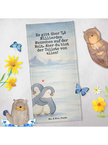 Mr. & Mrs. Panda Badehandtuch Pinguine Kuscheln Design mit Spruch in Grau Pastell