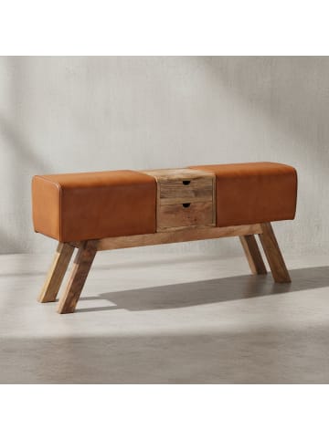 KADIMA DESIGN Retro-Sitzbank mit Schubladen, Massivholz, Stoffbezug, Seitentasche