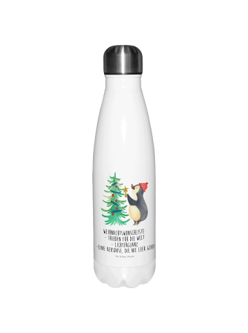 Mr. & Mrs. Panda Thermosflasche Pinguin Weihnachtsbaum mit Spruch in Weiß