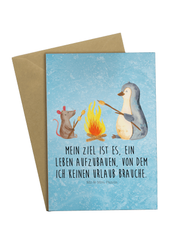 Mr. & Mrs. Panda Glückwunschkarte Pinguin Lagerfeuer mit Spruch in Eisblau
