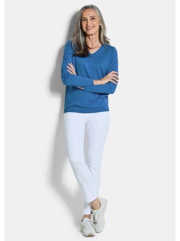 GOLDNER Kurzgröße:  Strickpullover Baumwollpullover mit V-Ausschnitt in blau