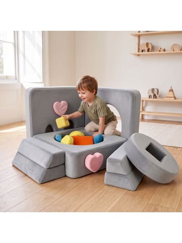 relaxdays 18tlg. Kinder-Spielsofa Set "Velours" in Grau - (B)130 x (H)40 x (T)65 cm