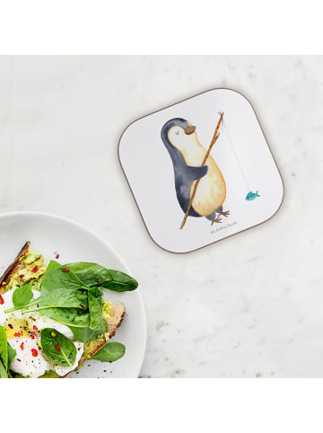 Mr. & Mrs. Panda Glas-Untersetzer Pinguin Angler ohne Spruch in Weiß