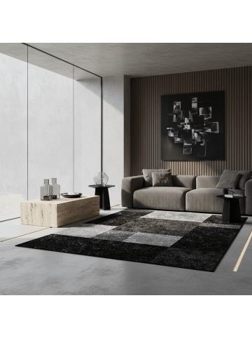 KADIMA DESIGN Teppich Kurzflor Waschbar Karo LATEMAR Strapazierfähig OEKO-TEX in Schwarz