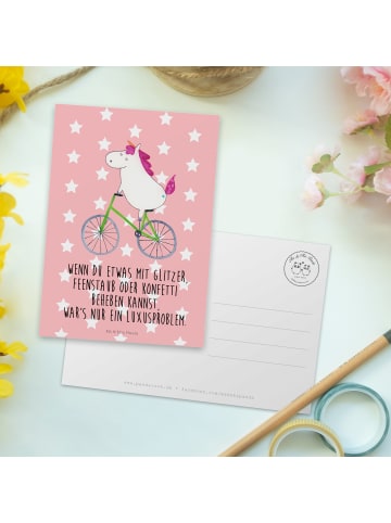Mr. & Mrs. Panda Postkarte Einhorn Radfahrer mit Spruch in Rot Pastell