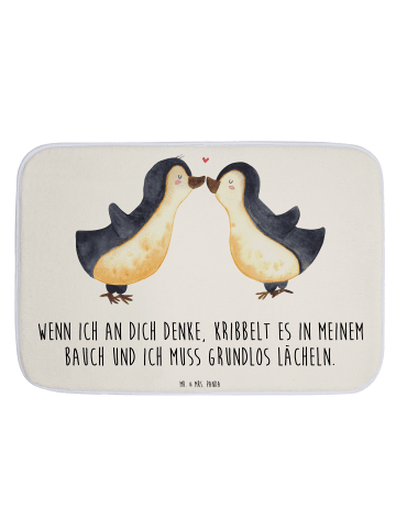 Mr. & Mrs. Panda Badeteppich Pinguine Kuss mit Spruch in Weiß
