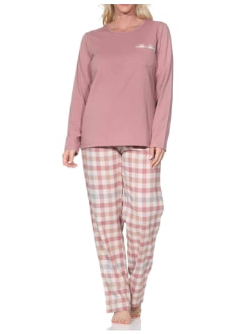 NORMANN Schlafanzug langarm karierte Flanell Pyjamahose in altrose