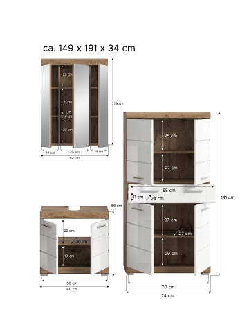 xonox.home Badkombination in Nox Oak/weiß hochglanz - (B) 149 x (H) 191 x (T) 34