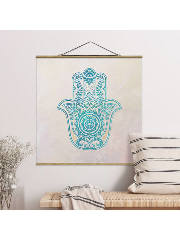 WALLART Stoffbild - Hamsahand Illustration Mandala gold in Blau