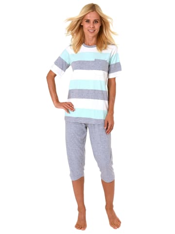 NORMANN Pyjama kurzarm Capri Hose Blockstreifen - 61846 in hellblau
