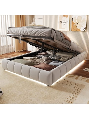 ABRIHOME Einzelbett 140 x 200 cm Schwebebettrahmen mit Stauraum und LED Lichtleiste, Beige